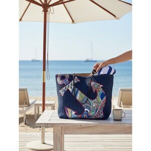 Vera Bradley Tote Bag Womens OS Navy Blue Paisley Anchor Straw Bag